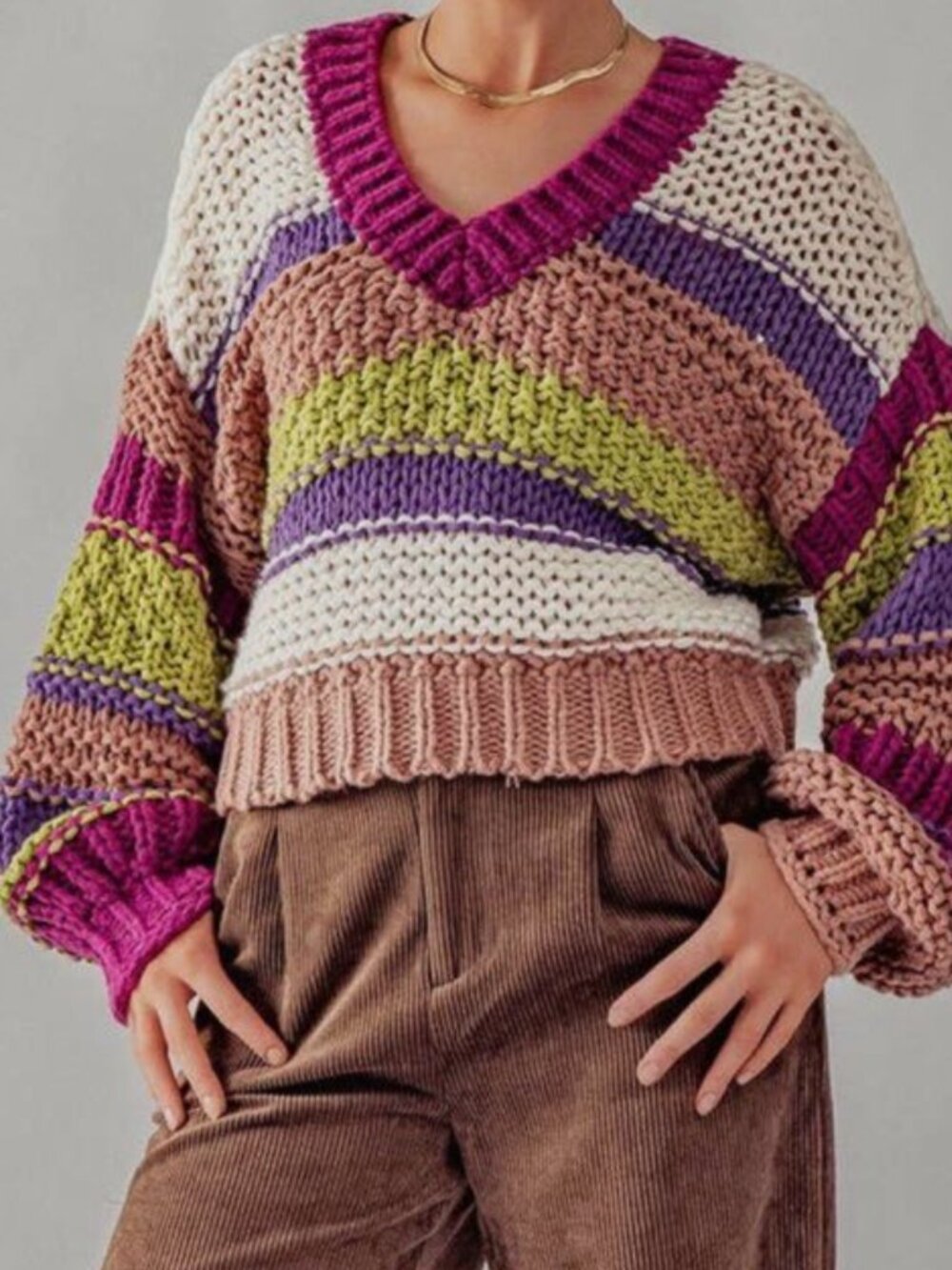 Apricot Lane Striped Multicolored Crop Chunky Sweater In Fuscia Size M/L NWT - Picture 2 of 12